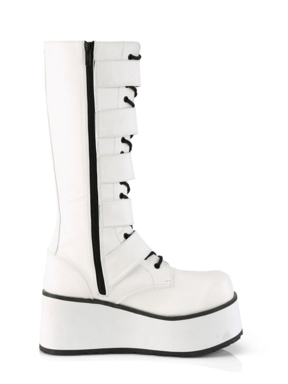 White Vegan Leather Lace-Up Knee High Boots with Buckle Straps